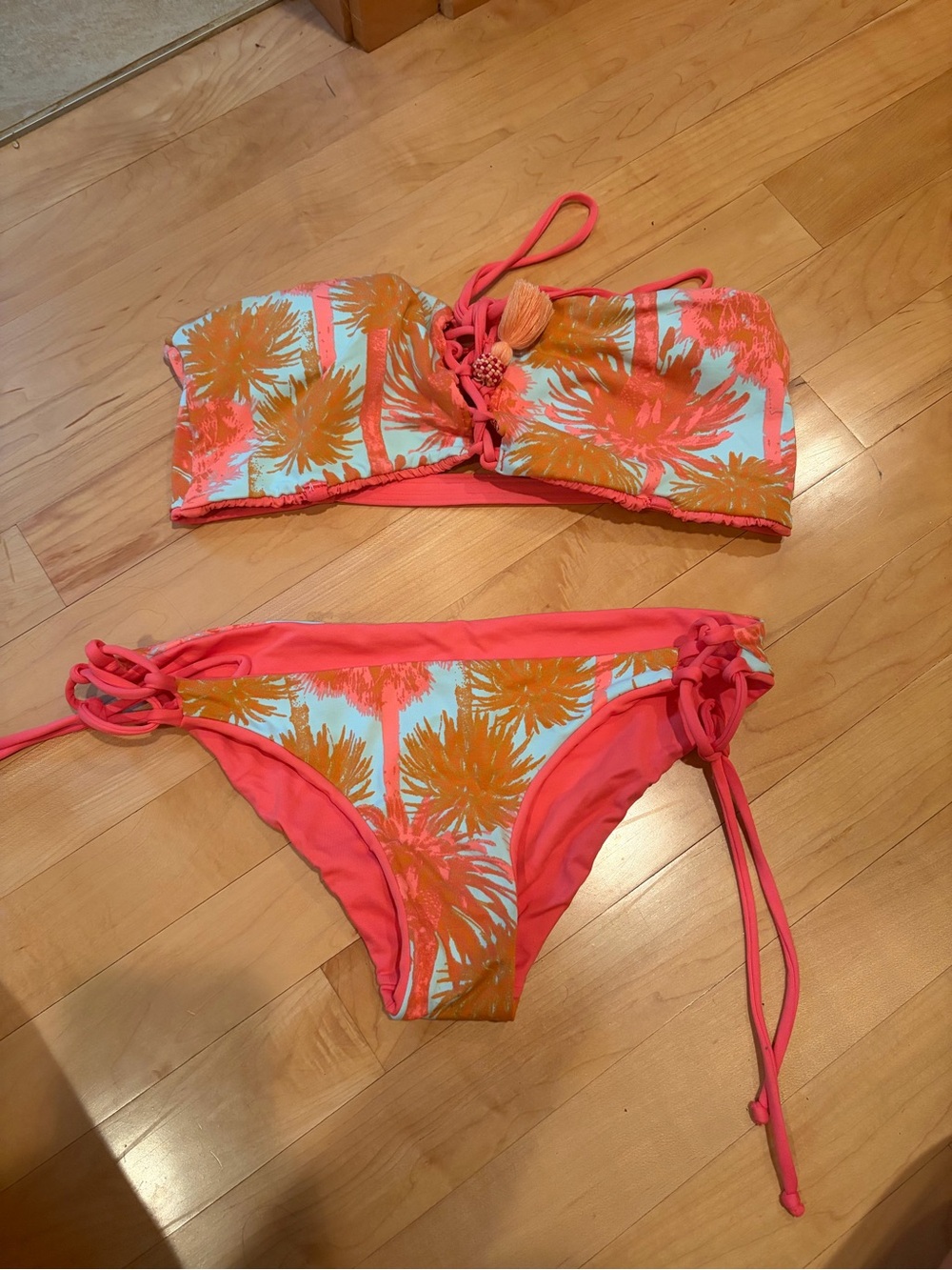 Maaji Reversible Coral & Orange Palm Print Tie Bikini